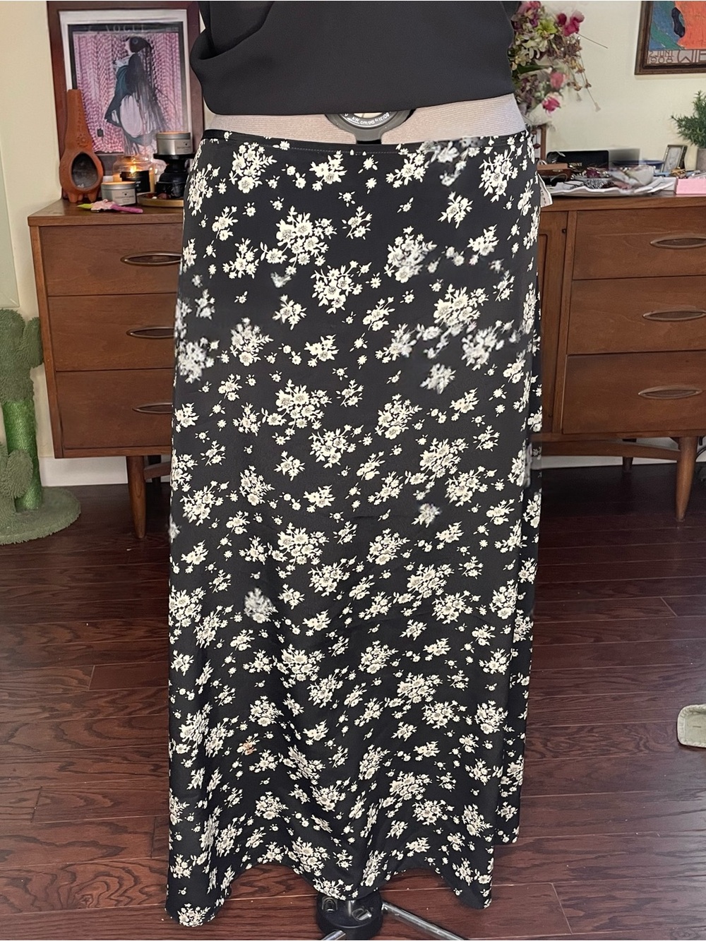 Vintage Black Maxi Skirt with White Floral Print